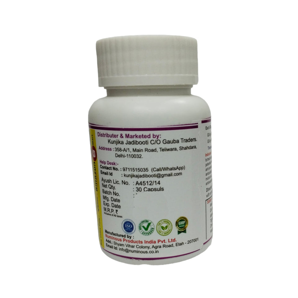 Kunjika Jadibooti Giloy (Guduchi) Capsules 500mg with Giloy Extract, Ayurvedic Immunity Booster & Helps in Blood Purification Capsules  | Pack of 30 Capsules