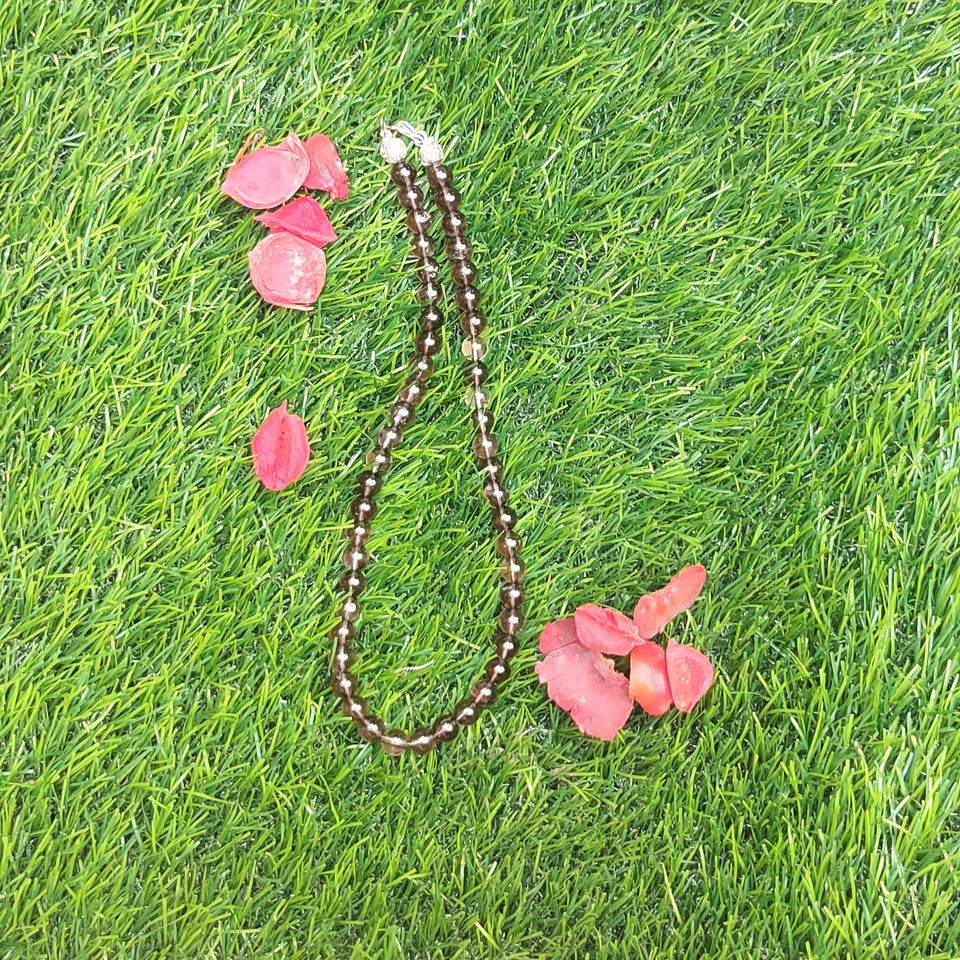 Smokey Quartz Crystal Round Beads Necklace - 15 Inches, 8mm Beads (Semi-Precious Mala)