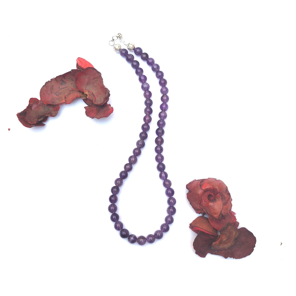 Amethyst Crystal Round Beads Necklace - 15 Inches, 6mm Beads (Semi-Precious Mala)