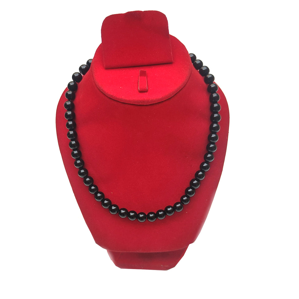 Black Agate Crystal Round Beads Necklace - 15 Inches, 8mm Beads (Semi-Precious Mala)
