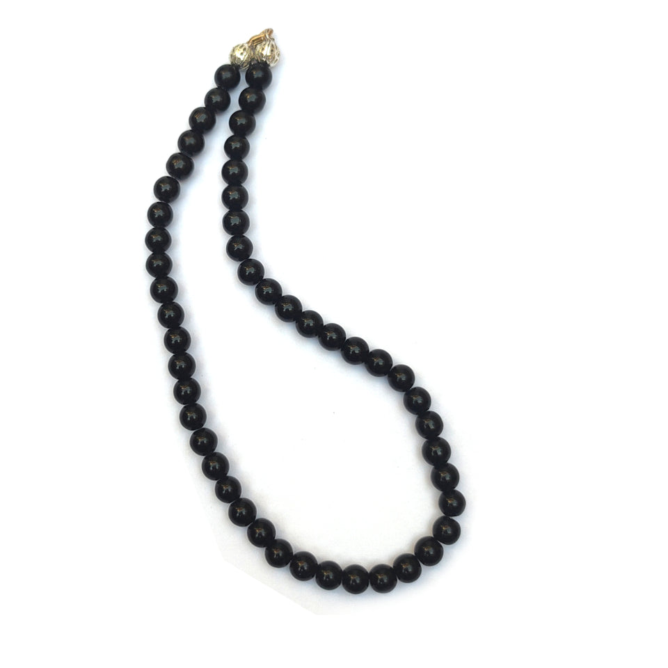 Black Agate Crystal Round Beads Necklace - 15 Inches, 8mm Beads (Semi-Precious Mala)