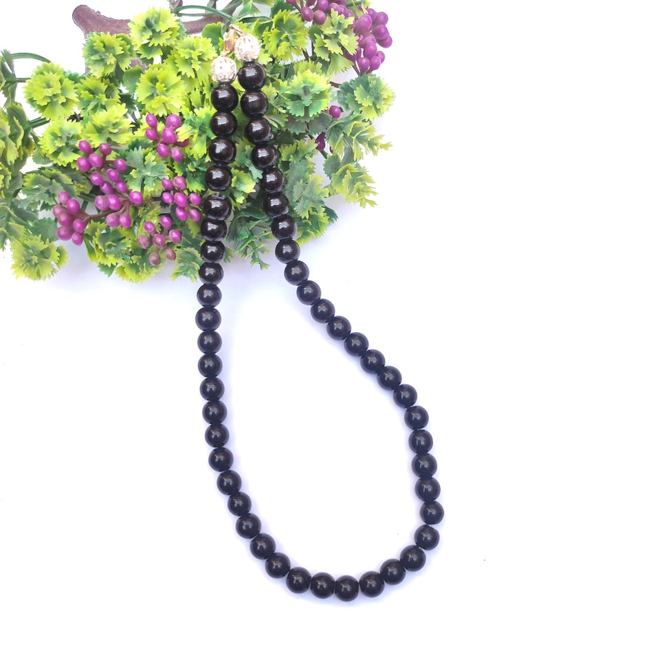 Black Agate Crystal Round Beads Necklace - 15 Inches, 8mm Beads (Semi-Precious Mala)