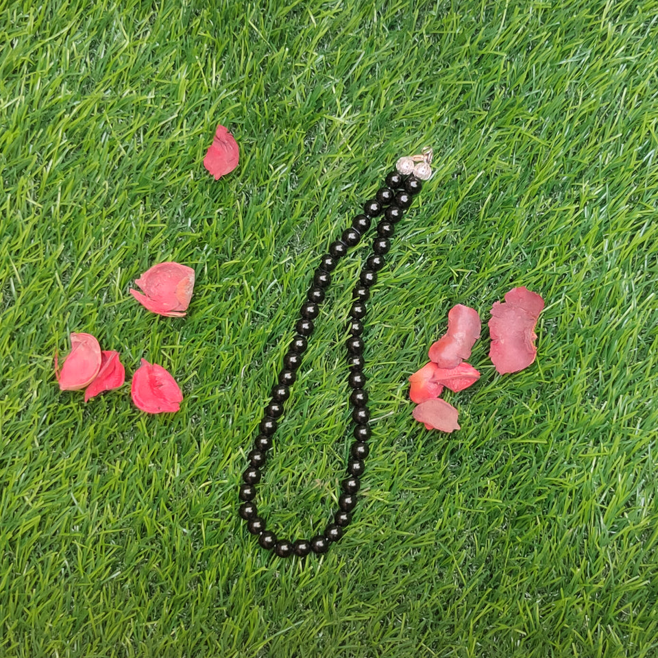 Black Agate Crystal Round Beads Necklace - 15 Inches, 8mm Beads (Semi-Precious Mala)