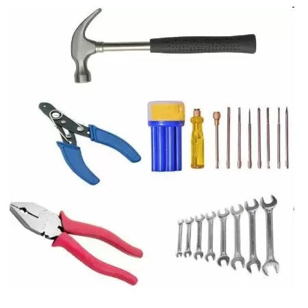Hand Toolkit Combo - Combination Plier with Joint Cutter+Claw Hammer Steel Shaft Shock resistant rubber grip +Screw Driver Set With Line Tester and 8 bits + New 8 pcs Spanner Set + Wire Cutter and Stripper