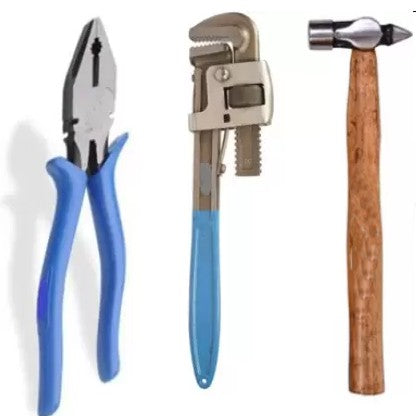 Hand Tool/Kit Combo Set of 3 (Pipe Wrench-10",Plier & Wooden Hammer)