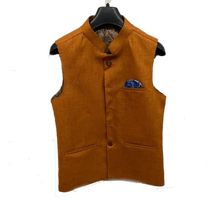 Golden Brown Men's Woven Jute Line Blend Nehru Jacket Ethnic Style And Formal Wear Base Coat