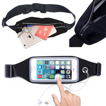 Mobile Waist Belt Pouch Zipper Smart Sports Running With Transparent Touch Screen Window + Headphone Eyehole + Sweat-proof + Adjustable Waist Size + Compatible With Most Of Mobile Phones
