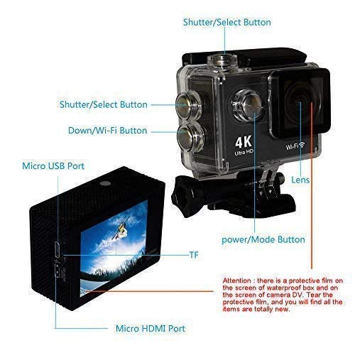 4K Water Resistant Sports Wi Fi Action Camera with Remote Control and 2 Inch Display