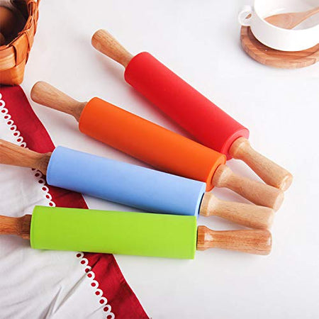 Silicone Rubber Rolling Pin Wooden Handle Non-stick Dough Roller Pizza Pasta Baking 15 inches Kitchen Cooking Tool