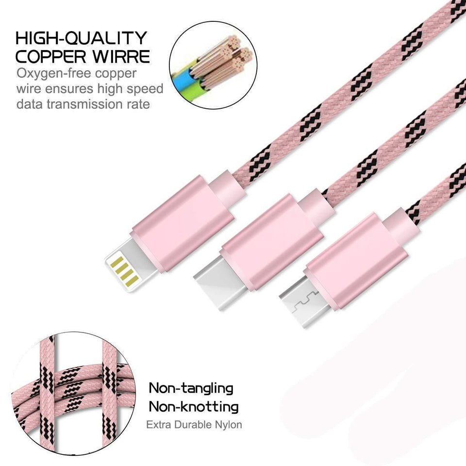 3 in 1 Nylon Braided Multiple USB Charger Cable Micro USB/Type C Compatible with Apple Android Tablet and More Device (1 Meter) - halfrate.in