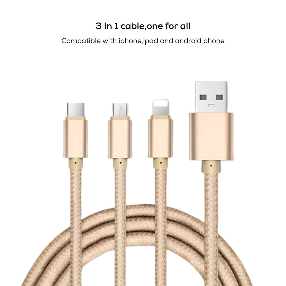 3 in 1 Nylon Braided Multiple USB Charger Cable Micro USB/Type C Compatible with Apple Android Tablet and More Device (1 Meter) - halfrate.in