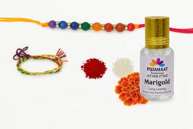 Pujahaat Raksha Bandhan Combo - Marigold (Genda) Attar ( Alcohol-Free) 6ml & 7 Chakra Crystal Beads 8mm Rakhi