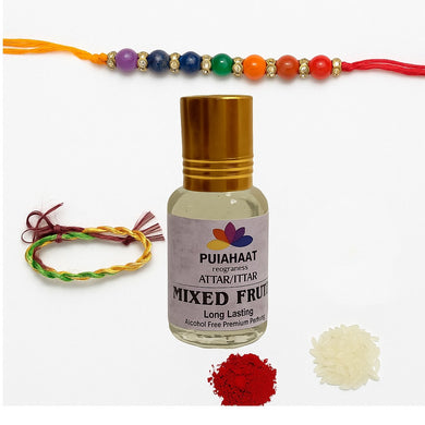 Pujahaat Raksha Bandhan Combo - Mixed Fruit Attar ( Alcohol-Free) 6ml & 7 Chakra Crystal Beads 8mm Rakhi