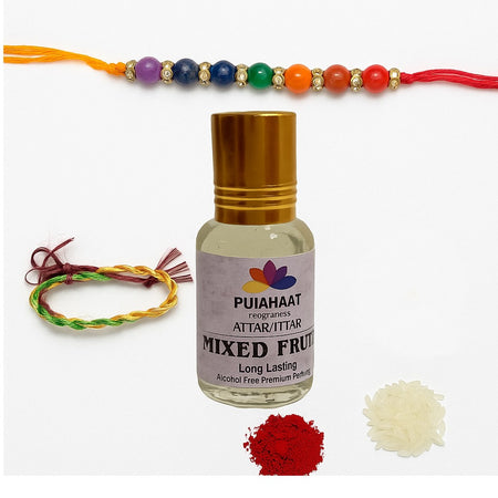 Pujahaat Raksha Bandhan Combo - Mixed Fruit Attar ( Alcohol-Free) 6ml & 7 Chakra Crystal Beads 8mm Rakhi