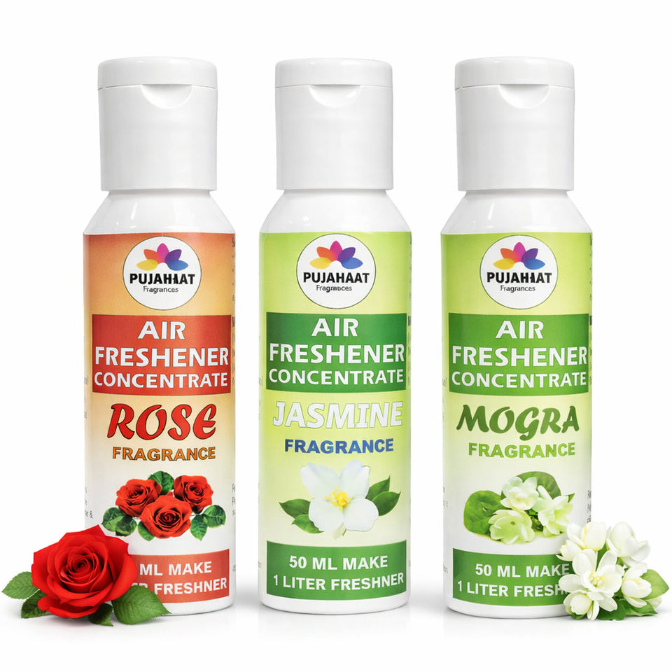 Rose, Jasmine, Mogra Air Freshener Concentrate Set of 3 (50ml Each) Makes 1 Liter Each | Long Lasting Room Freshener Liquid | Fragrance Combo for Home, Office, Car | Alcohol-Free Premium Fragrance by Pujahaat