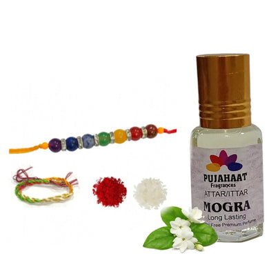 Pujahaat Raksha Bandhan Combo - Mogra Attar ( Alcohol-Free) 6ml & 7 Chakra Crystal Beads 8mm Rakhi
