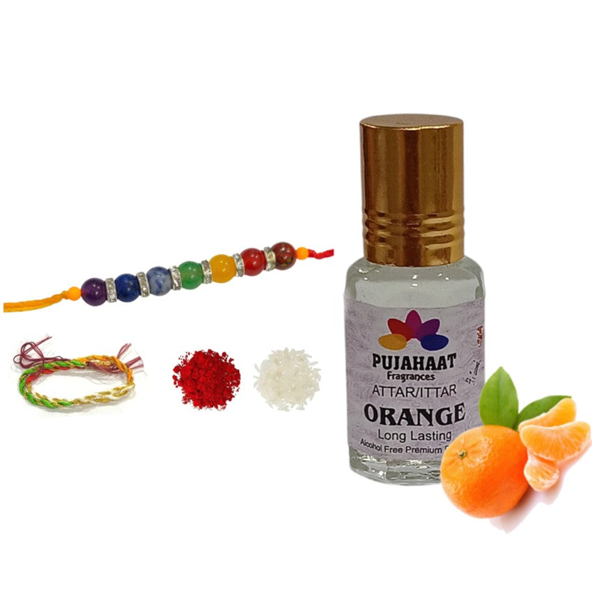 Pujahaat Raksha Bandhan Combo - Orange Attar ( Alcohol-Free) 6ml & 7 Chakra Crystal Beads 8mm Rakhi