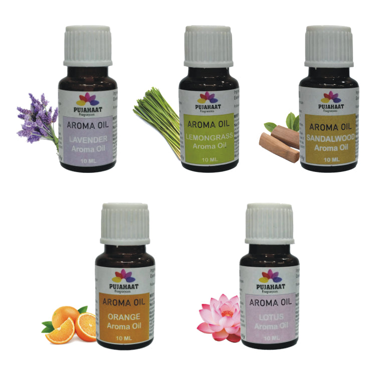 Pujahaat Lavender, Lemongrass, Sandalwood, Orange, Lotus Aroma Oil for Aromatherapy oils, Oil for diffusers, Humidifier oils, Oil Burners, Spa and Air Purifier 10ml Each - Set of 5 (5 x 10 ml)