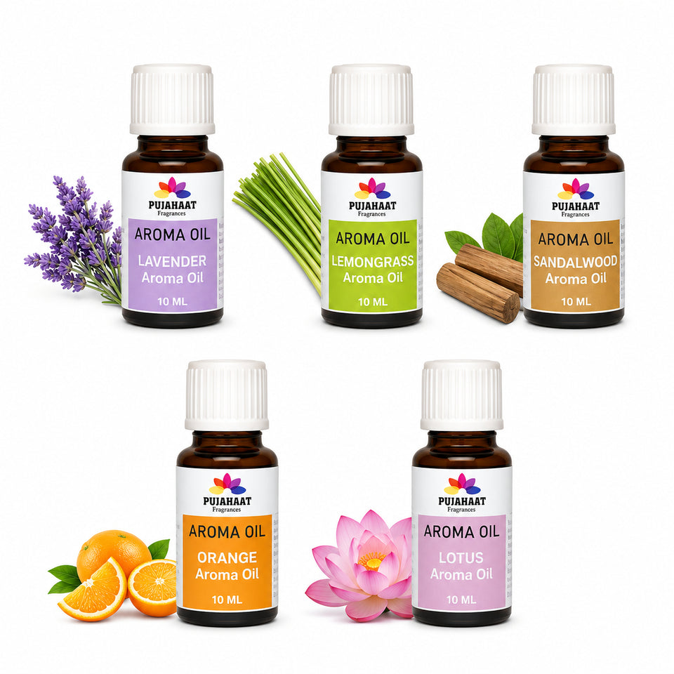 Pujahaat Lavender, Lemongrass, Sandalwood, Orange, Lotus Aroma Oil for Aromatherapy oils, Oil for diffusers, Humidifier oils, Oil Burners, Spa and Air Purifier 10ml Each - Set of 5 (5 x 10 ml)