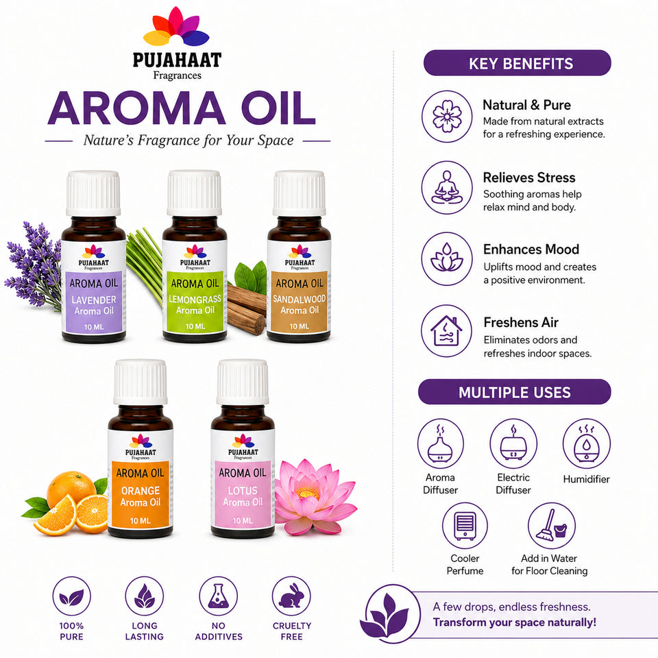 Pujahaat Lavender, Lemongrass, Sandalwood, Orange, Lotus Aroma Oil for Aromatherapy oils, Oil for diffusers, Humidifier oils, Oil Burners, Spa and Air Purifier 10ml Each - Set of 5 (5 x 10 ml)