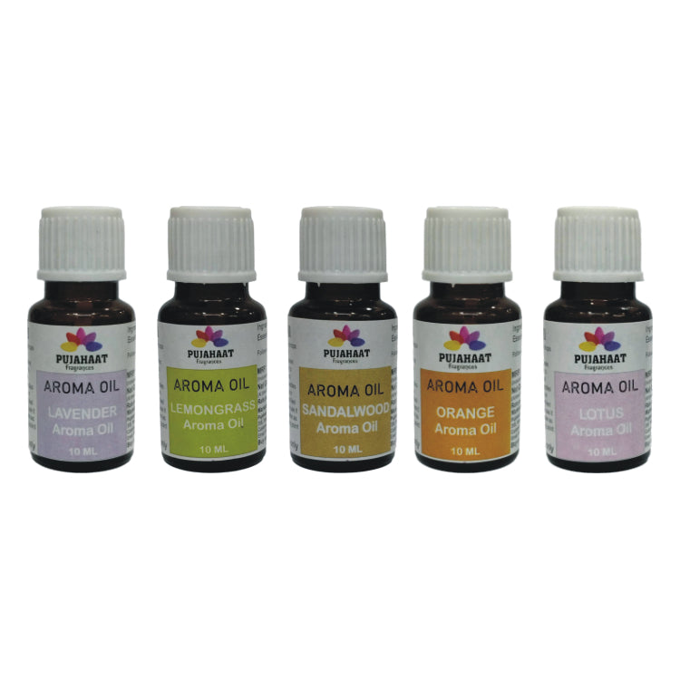 Pujahaat Lavender, Lemongrass, Sandalwood, Orange, Lotus Aroma Oil for Aromatherapy oils, Oil for diffusers, Humidifier oils, Oil Burners, Spa and Air Purifier 10ml Each - Set of 5 (5 x 10 ml)