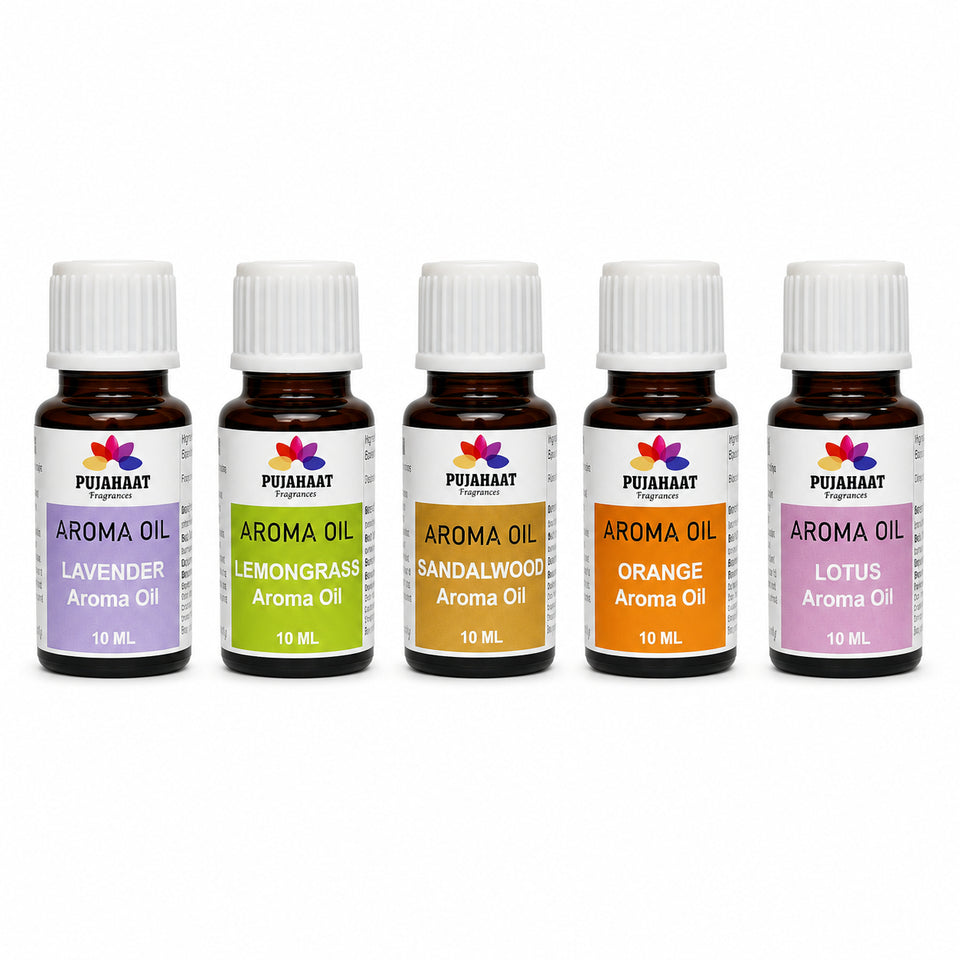 Pujahaat Lavender, Lemongrass, Sandalwood, Orange, Lotus Aroma Oil for Aromatherapy oils, Oil for diffusers, Humidifier oils, Oil Burners, Spa and Air Purifier 10ml Each - Set of 5 (5 x 10 ml)