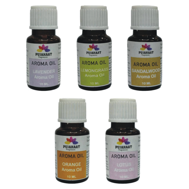 Pujahaat Lavender, Lemongrass, Sandalwood, Orange, Lotus Aroma Oil for Aromatherapy oils, Oil for diffusers, Humidifier oils, Oil Burners, Spa and Air Purifier 10ml Each - Set of 5 (5 x 10 ml)