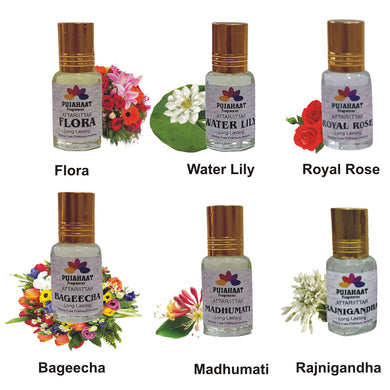 Pujahaat Premium Alcohol-Free  Attar Gift Pack Of 6 Floral Attars Combo Perfume Flora, Madhumati, Rajnigandha, Royal Rose, Bageecha, Water Lily (In Roll on Bottle) 18ml (6x3ml) Combo - 1