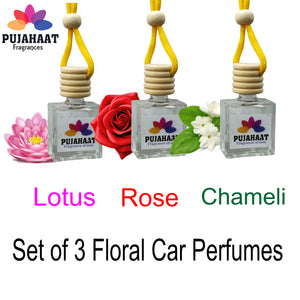 Pujahaat Car Perfume 3 pcs Combo Hanging Pod 10ml Premium Fragrance | High Diffusion with Premium Fragrance Oils with Wooden Diffuser Lid | Long Lasting | Lasts Up to 45 Days - Lotus, Rose, Chameli