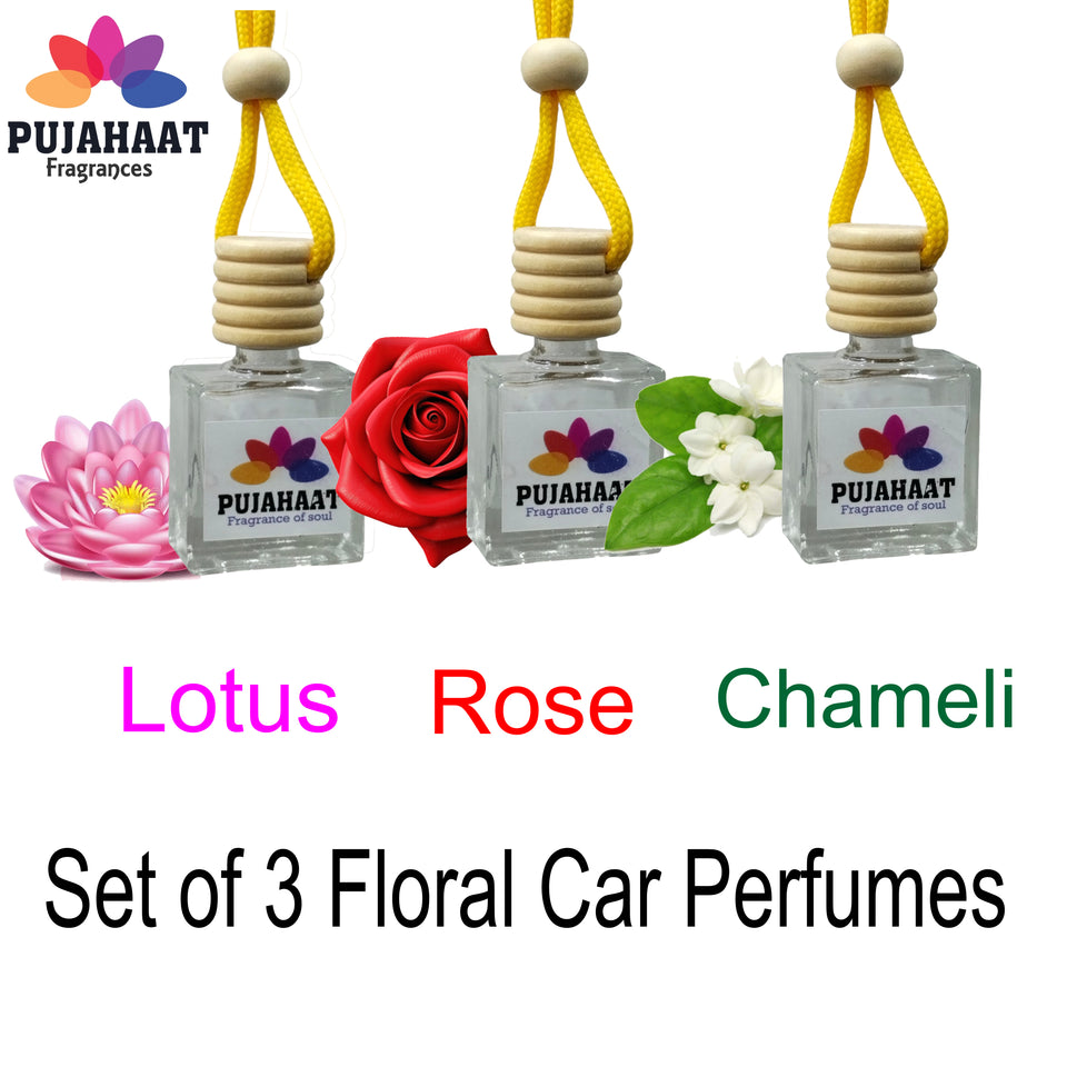 Pujahaat Car Perfume 3 pcs Combo Hanging Pod 10ml Premium Fragrance | High Diffusion with Premium Fragrance Oils with Wooden Diffuser Lid | Long Lasting | Lasts Up to 45 Days - Lotus, Rose, Chameli