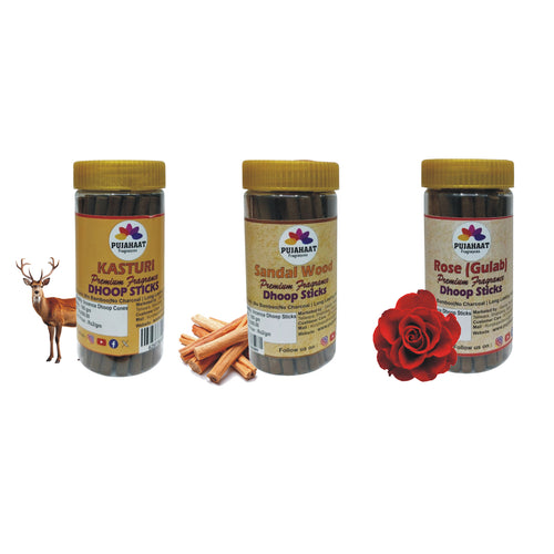 Pujahaat Premium 3 pcs Combo Scented Incense Stick | Dry Dhoop Stick | No Charcoal, Bambooless | Dhoop Batti 4 inches with free Holder - Kasturi, Gulab, Chandan