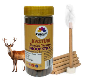 Pujahaat Kasturi Premium Scented Incense Stick | Dry Dhoop Stick | No Charcoal, Bambooless | Dhoop Batti 4 inches with free Holder - Kasturi (Musk) Fragrance - 100 Gms