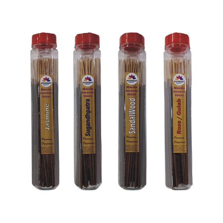 Pujahaat Premium Jasmine, Sugandhpatra, Sandalwood, Rose Scented Incense Stick Masala Agarbatti | No Charcoal Incense Sticks, 100% Herbal Fragrance Agarbatti, 0% Sulphates 4 Fine Fragrance - 400 gm (4 x 100 GMS)