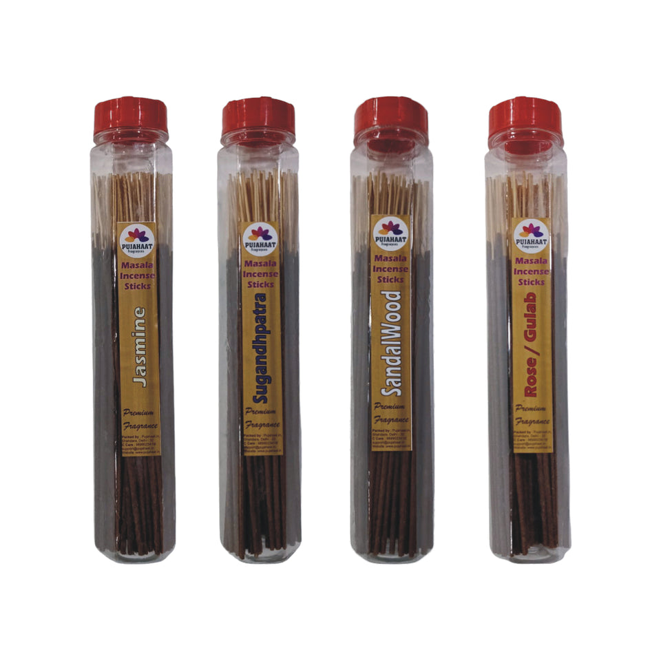 Pujahaat Premium Jasmine, Sugandhpatra, Sandalwood, Rose Scented Incense Stick Masala Agarbatti | No Charcoal Incense Sticks, 100% Herbal Fragrance Agarbatti, 0% Sulphates 4 Fine Fragrance - 400 gm (4 x 100 GMS)