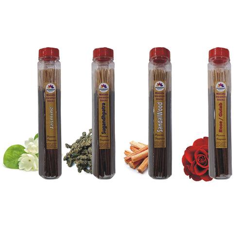 Pujahaat Premium Jasmine, Sugandhpatra, Sandalwood, Rose Scented Incense Stick Masala Agarbatti | No Charcoal Incense Sticks, 100% Herbal Fragrance Agarbatti, 0% Sulphates 4 Fine Fragrance - 400 gm (4 x 100 GMS)