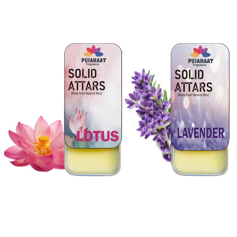 Pujahaat Lotus | Lavender Combo Premium Fragrance | Solid Attar for Men & Women | Alcohol Free | Strong lasting fragrance - Lotus, Lavender