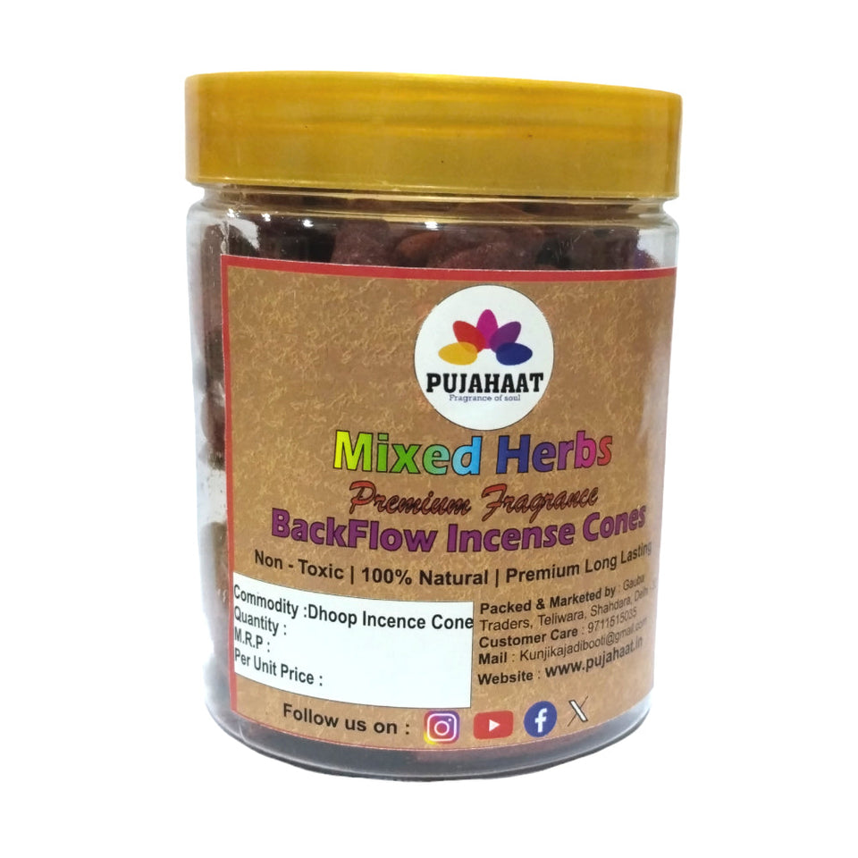 Mixed Herbs / Jadibooti's Fragrance Premium Scented Backflow Incense Dhoop /Cone by Pujahaat  | No Charcoal No Bamboo | for Pooja, Rituals & Special Occassions, Smoke Fountain - 200 Gms