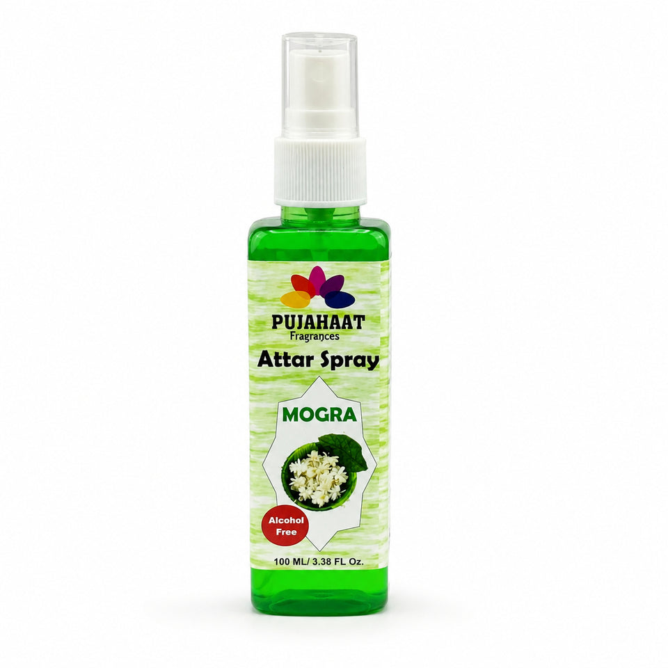 Mogra Attar Spray by Pujahaat | 100ml Non Alcoholic Spray | Religious Mist | Air Freshener, Room Mist, Fabric & Linen Spray | Perfect for Prayer mats, beds, sofas, curtains