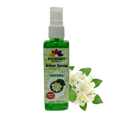 Mogra Attar Spray by Pujahaat | 100ml Non Alcoholic Spray | Religious Mist | Air Freshener, Room Mist, Fabric & Linen Spray | Perfect for Prayer mats, beds, sofas, curtains