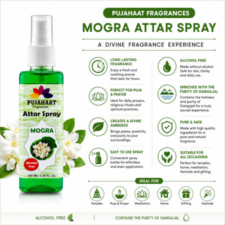 Mogra Attar Spray by Pujahaat | 100ml Non Alcoholic Spray | Religious Mist | Air Freshener, Room Mist, Fabric & Linen Spray | Perfect for Prayer mats, beds, sofas, curtains