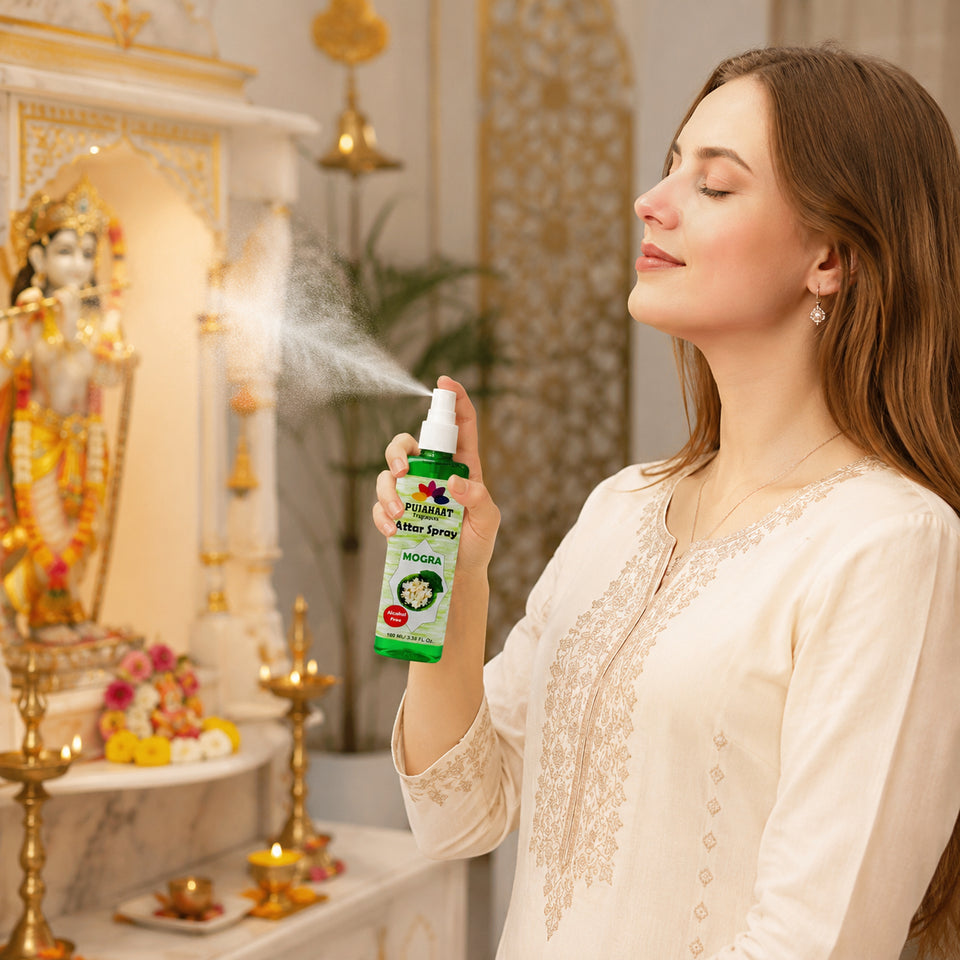Mogra Attar Spray by Pujahaat | 100ml Non Alcoholic Spray | Religious Mist | Air Freshener, Room Mist, Fabric & Linen Spray | Perfect for Prayer mats, beds, sofas, curtains