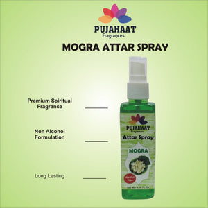 Mogra Attar Spray by Pujahaat | 100ml Non Alcoholic Spray | Religious Mist | Air Freshener, Room Mist, Fabric & Linen Spray | Perfect for Prayer mats, beds, sofas, curtains