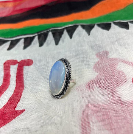 Opalite Adjustable Unisex Fancy Oval Ring In German Silver