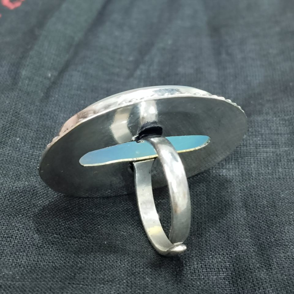 Opalite Adjustable Unisex Fancy Oval Ring In German Silver