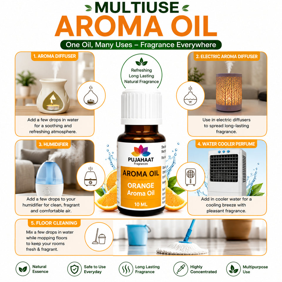 Pujahaat Orange Aroma Oil for Aromatherapy oils, Oil for diffusers, Humidifier oils, Oil Burners, Spa and Air Purifier 10ml Each, Orange - Set of 2 (2 x 10 ml)