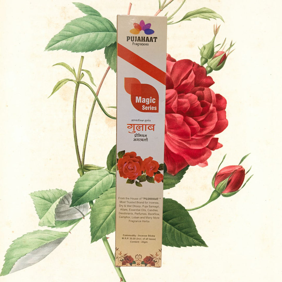 Pujahaat Premium Scented Incense Stick Agarbatti | No Charcoal Incense Sticks, 0% Sulphates Fragrance 20 Gm per pack Rose Fragrance - pack of 12 pcs