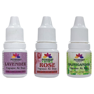 Pujahaat Premium Lavender, Rose, Rajnigandha Fragrance Air drops Air freshener for room, bathroom, toilet, car, wardrobes -Pack of 3 (3 x 5ml)