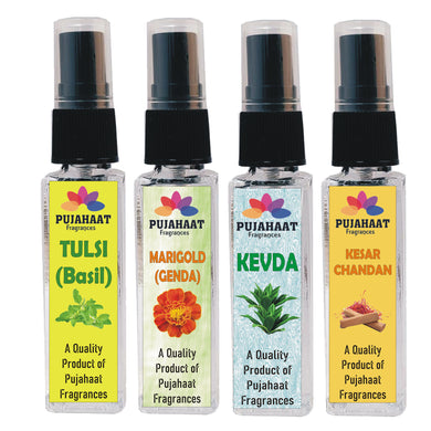 Pujahaat Set of 4 Perfume Attar Spray 8ml | itra/ittar Perfume | For Pooja/Personal Use Tulsi, Marigold, Kesar Chandan, Kevda