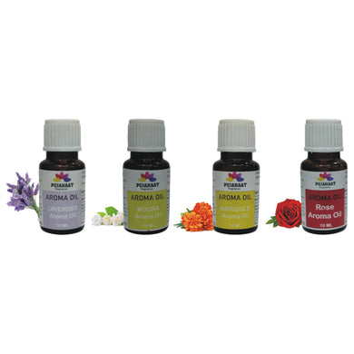 Pujahaat Lavender, Jasmine, Marigold (Genda), Rose Aroma Oil for Aromatherapy oils, Oil for diffusers, Humidifier oils, Oil Burners, Spa and Air Purifier 10ml Each - Set of 4 (4 x 10 ml)