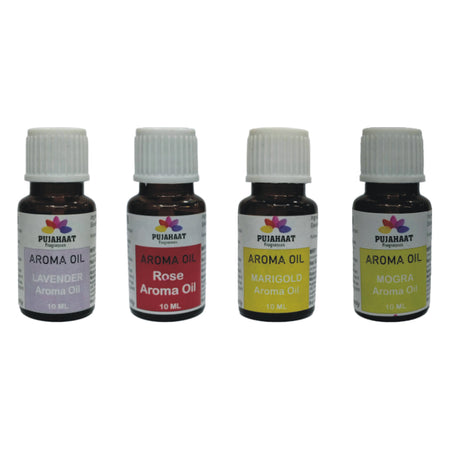 Pujahaat Lavender, Jasmine, Marigold (Genda), Rose Aroma Oil for Aromatherapy oils, Oil for diffusers, Humidifier oils, Oil Burners, Spa and Air Purifier 10ml Each - Set of 4 (4 x 10 ml)